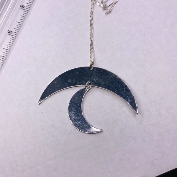 Signed Jade & Jasper Necklace Silver Tone Crescent Moon Dangle Pendant 32" Long - Picture 9 of 11